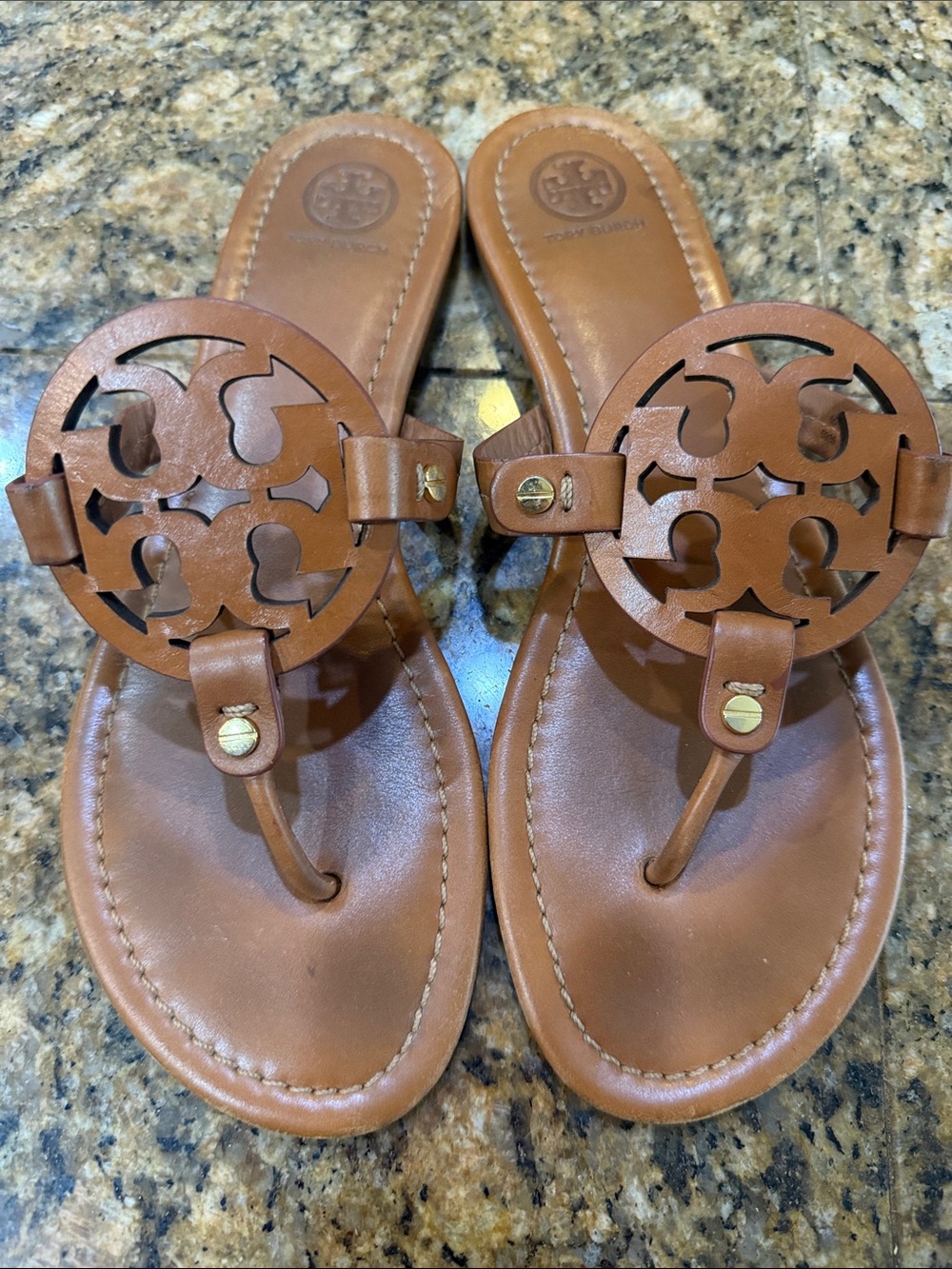 Tory Burch Chestnut Leather Logo Thong Sandals